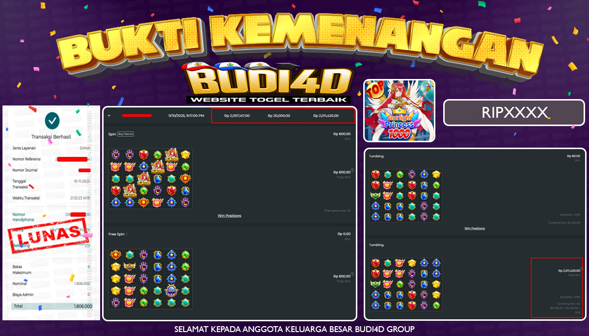 BUDI4D JACKPOT USER ID : RIP**** SLOT PRAGMATIC PLAY ( Starlight Princess 1000 ) Rp.1.806.000,- LUNAS